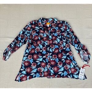 Ruby Rd. Woman Blouse 1X Navy Floral NWT Button Front Roll Tab Rayon
